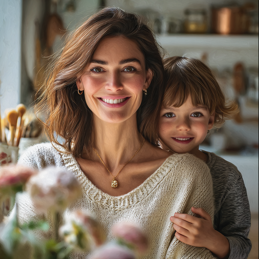 mère souriante avec son enfant dans une cuisine ensoleillée