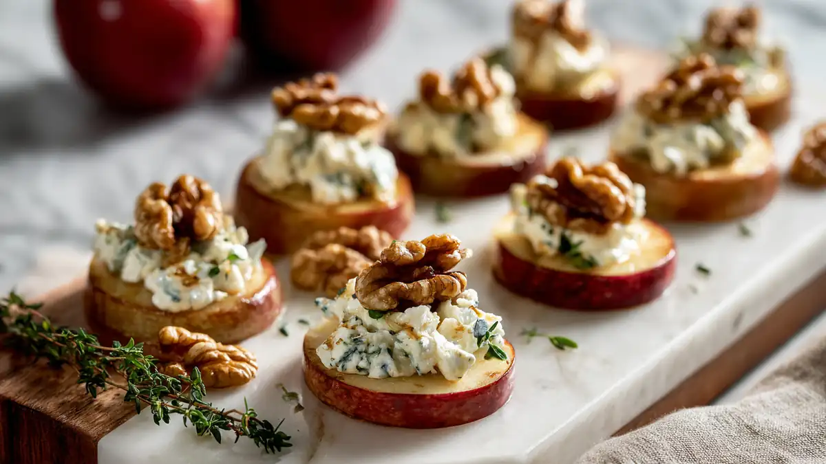 Canapés de pommes fraîches garnis de fromage bleu crémeux et de noix croquantes, présentés sur plateau marbré