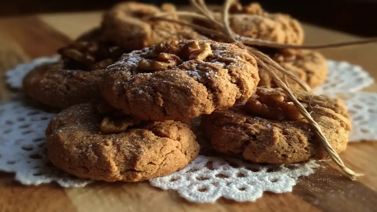 biscuits maison à la noix, saupoudrés de sucre glace sur napperon en dentelle