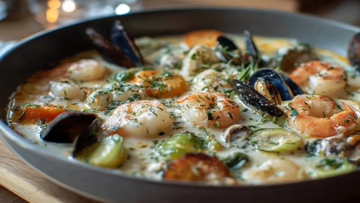 Blanquette de la mer avec des fruits de mer dans une sauce crémeuse