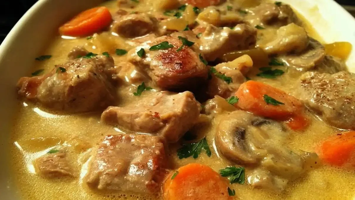 Plat traditionnel de Blanquette de Veau avec viande tendre et sauce crémeuse.