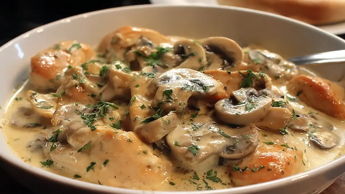 blanquette de volaille crémeuse aux champignons de Paris, servie dans une assiette blanche