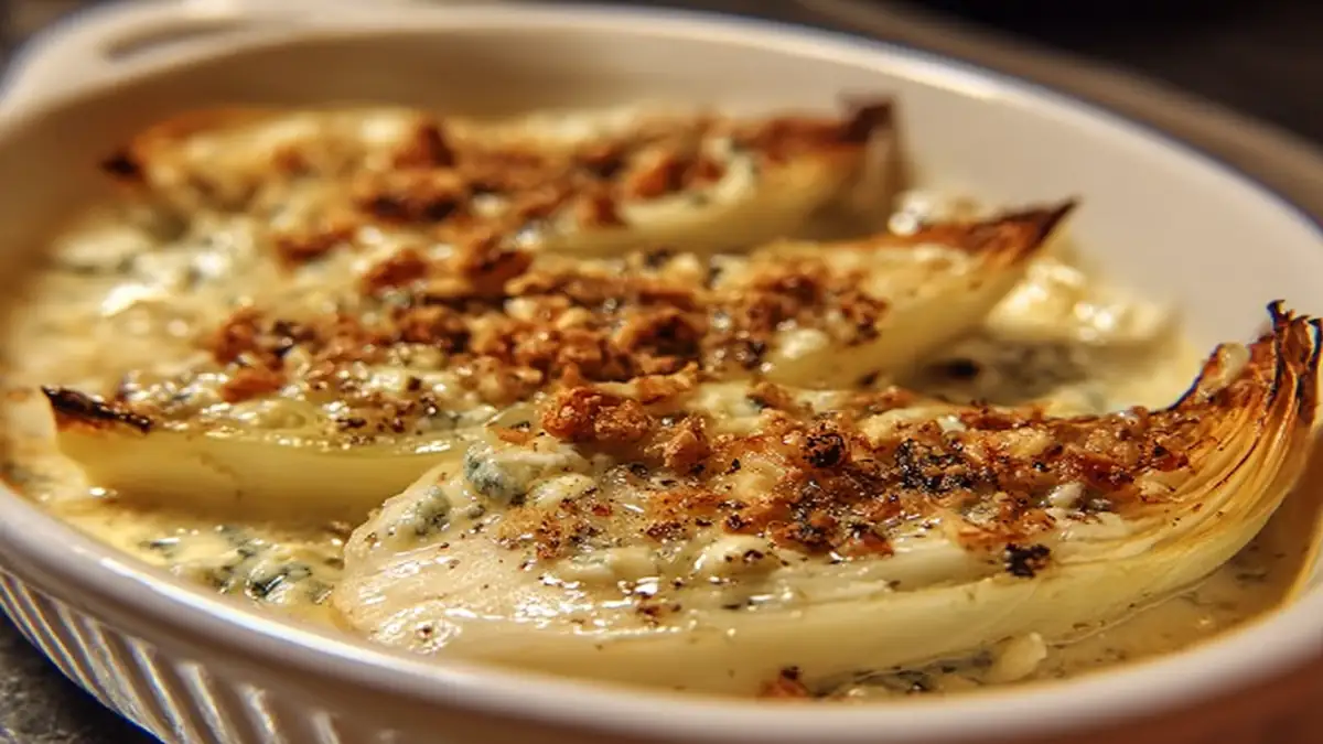 Endives braisées au four nappées de sauce au bleu et gratinées aux noix croustillantes dans un plat blanc