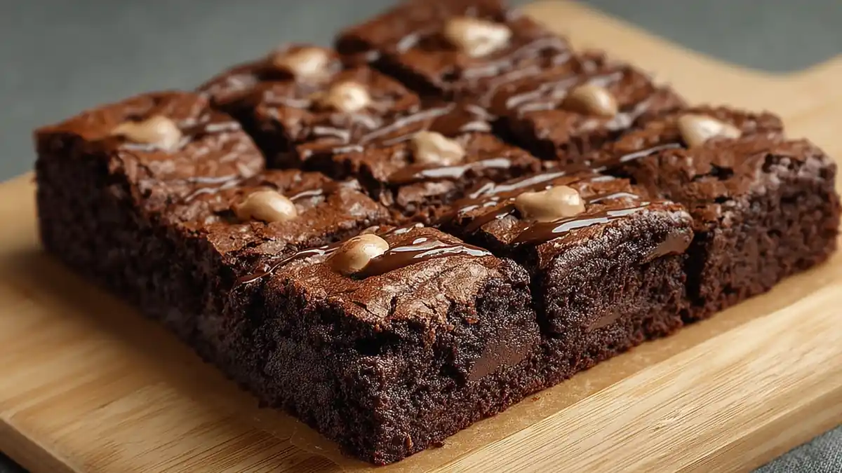 Brownies fondants au chocolat noir avec nappage et éclats de noisette sur planche en bois
