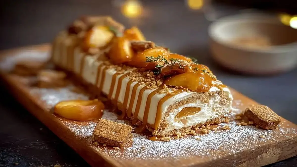 Bûche caramel beurre salé avec pommes caramélisées et spéculoos
