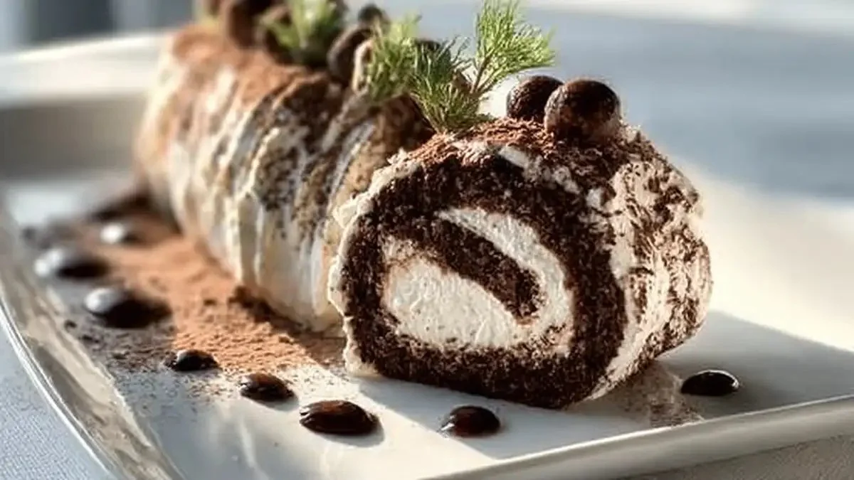 Bûche de Noël façon tiramisu, un dessert festif au café et au mascarpone.