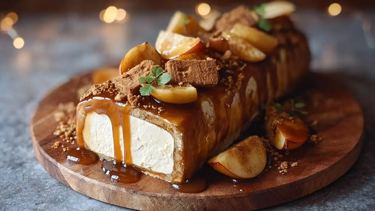 bûche glacée au caramel garnie de pommes caramélisées et éclats de spéculoos sur une planche en bois