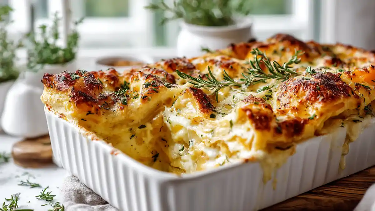 Gratin crémeux de courge butternut au fromage doré et herbes fraîches dans un plat en céramique