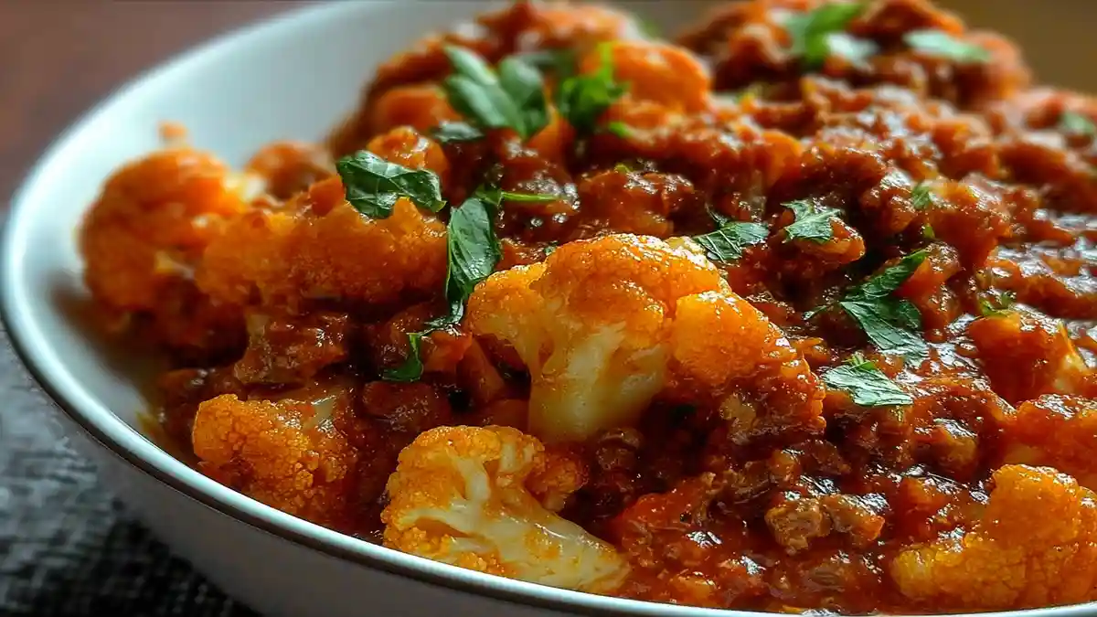 curry de chou-fleur épicé avec sauce tomate, lentilles et coriandre fraîche