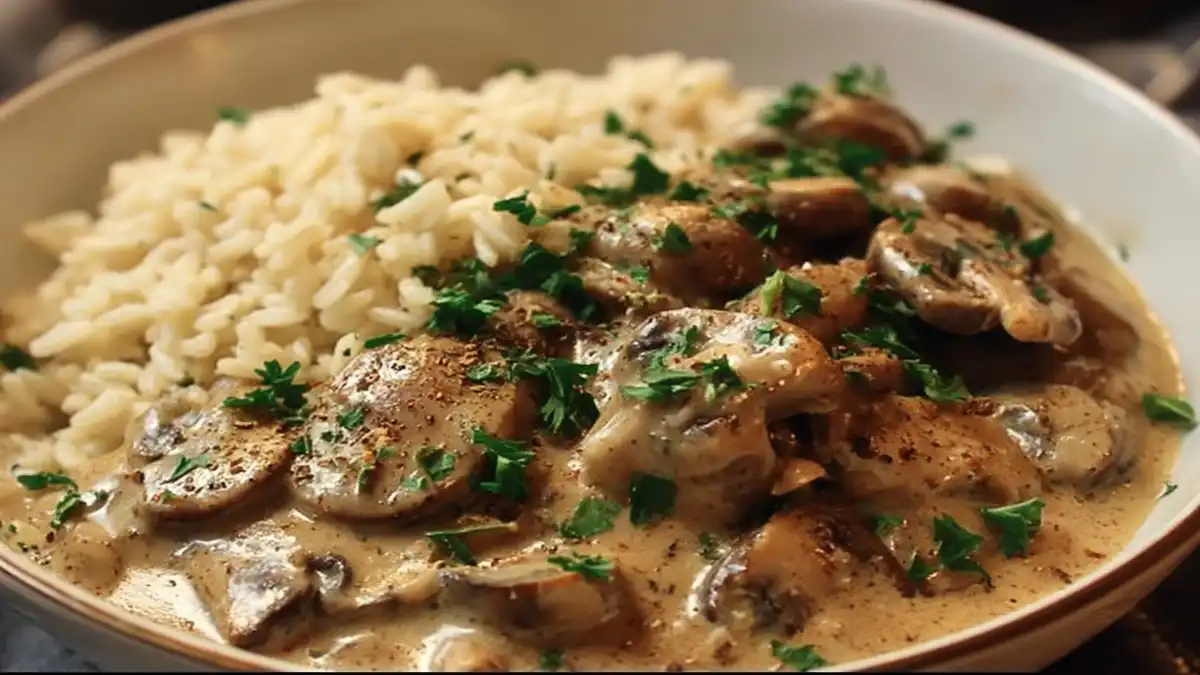 champignons à la crème servis avec du riz et du persil frais