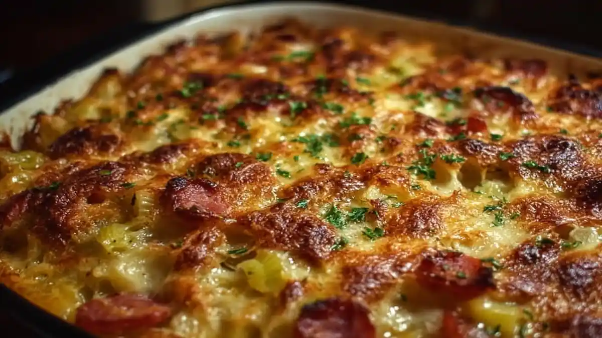 Gratin de pâtes au fromage avec saucisse, poivrons verts et croûte dorée dans un plat en céramique