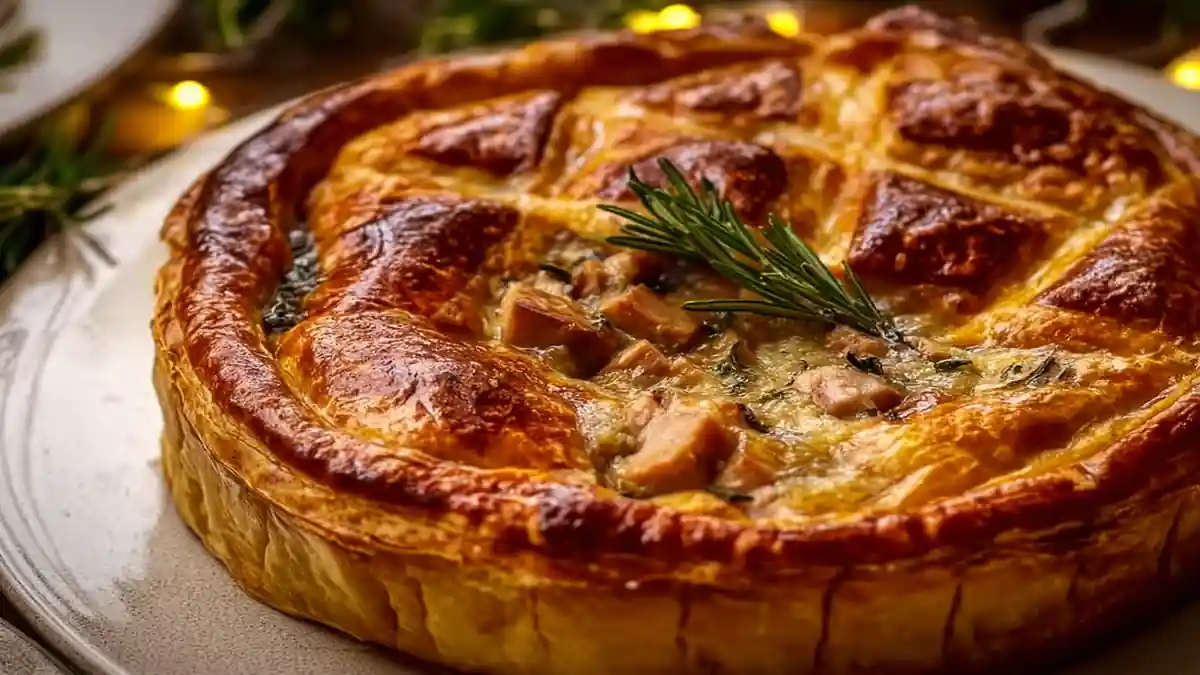 Tourte dorée au fromage et jambon avec romarin sur assiette rustique