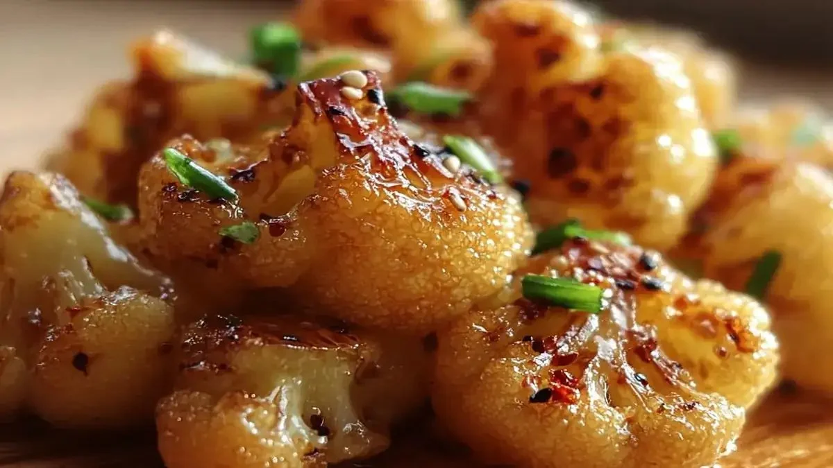 Recette de chou-fleur miel ail épicé présentant le plat prêt à servir.