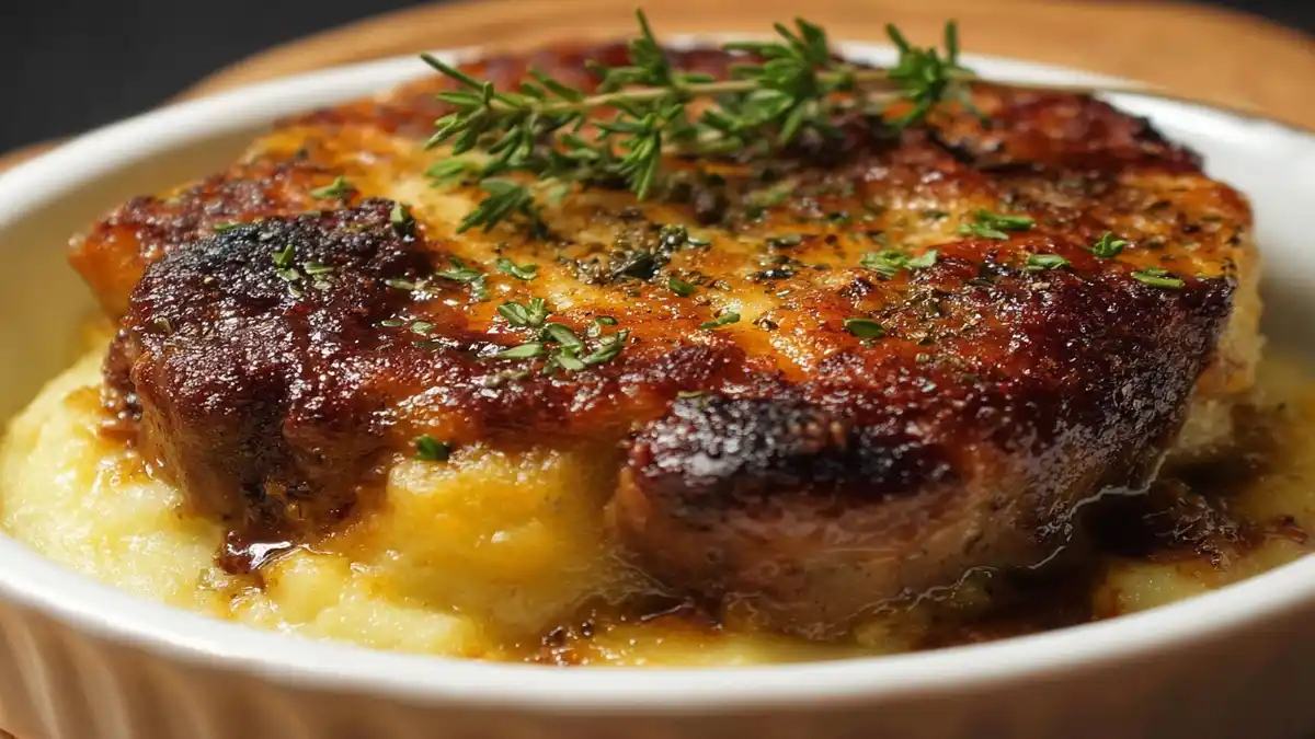 canard confit servie sur purée de pommes de terre, garnie de thym frais dans une cocotte