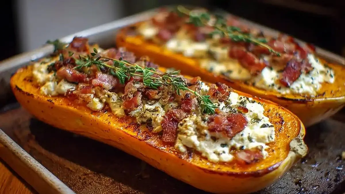 Courge butternut farcie aux lardons et au chèvre, prêt à servir.