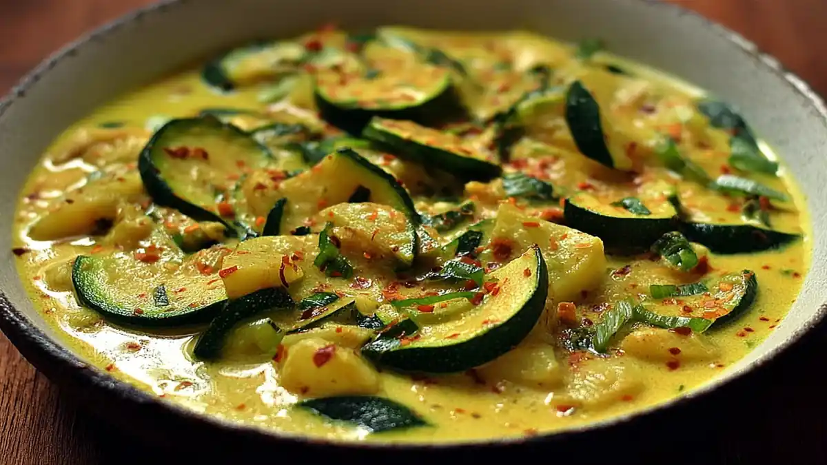 Curry crémeux de courgettes avec épices douces, crème, oignons et flocons de piment