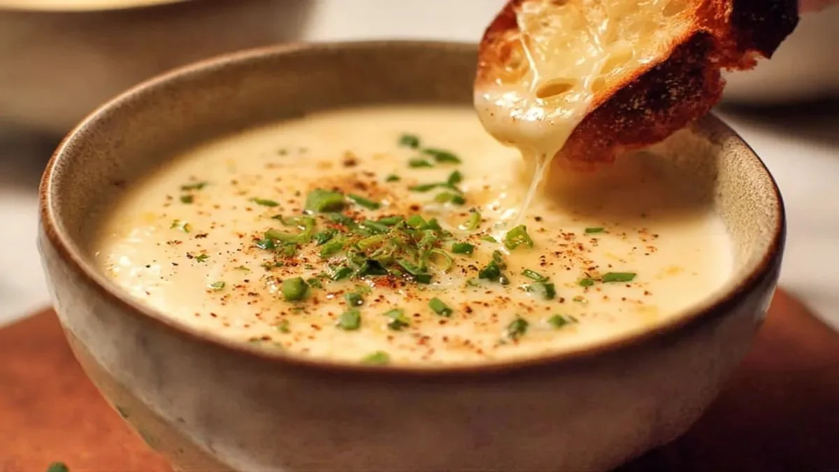 Soupe crémeuse au cheddar et à l'ail servie dans un bol