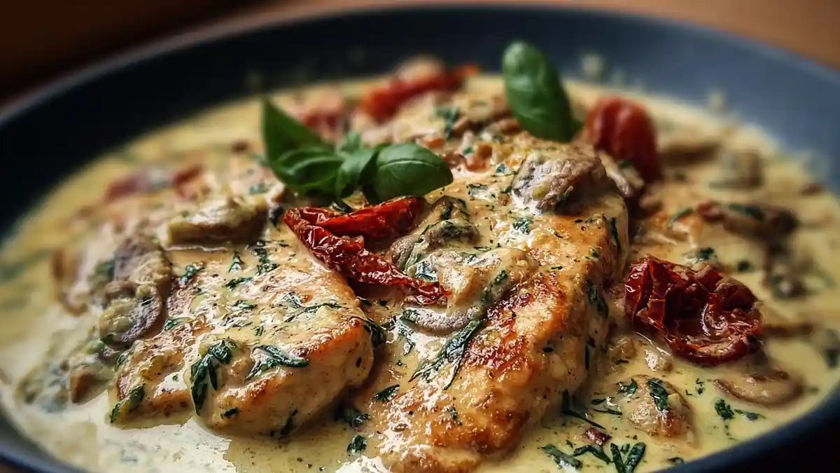Poulet crémeux à la toscane avec tomates séchées, champignons, épinards et basilic
