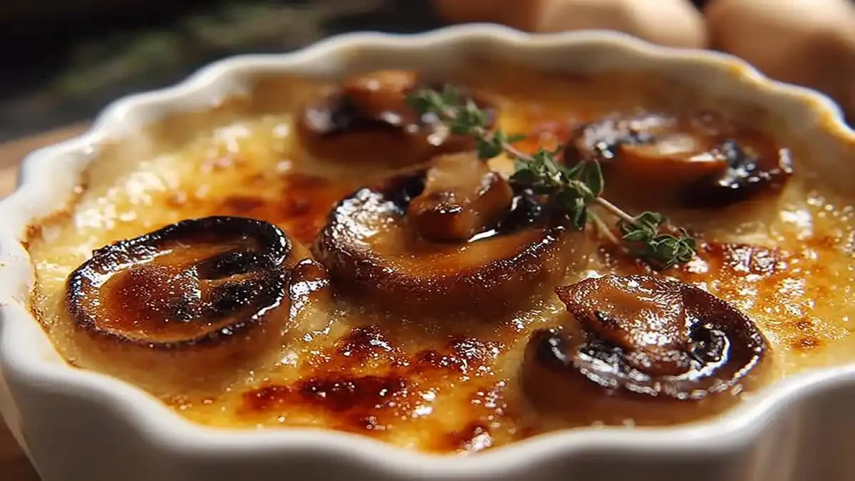 Crème brûlée aux champignons décorée de brins d'herbes fraîches