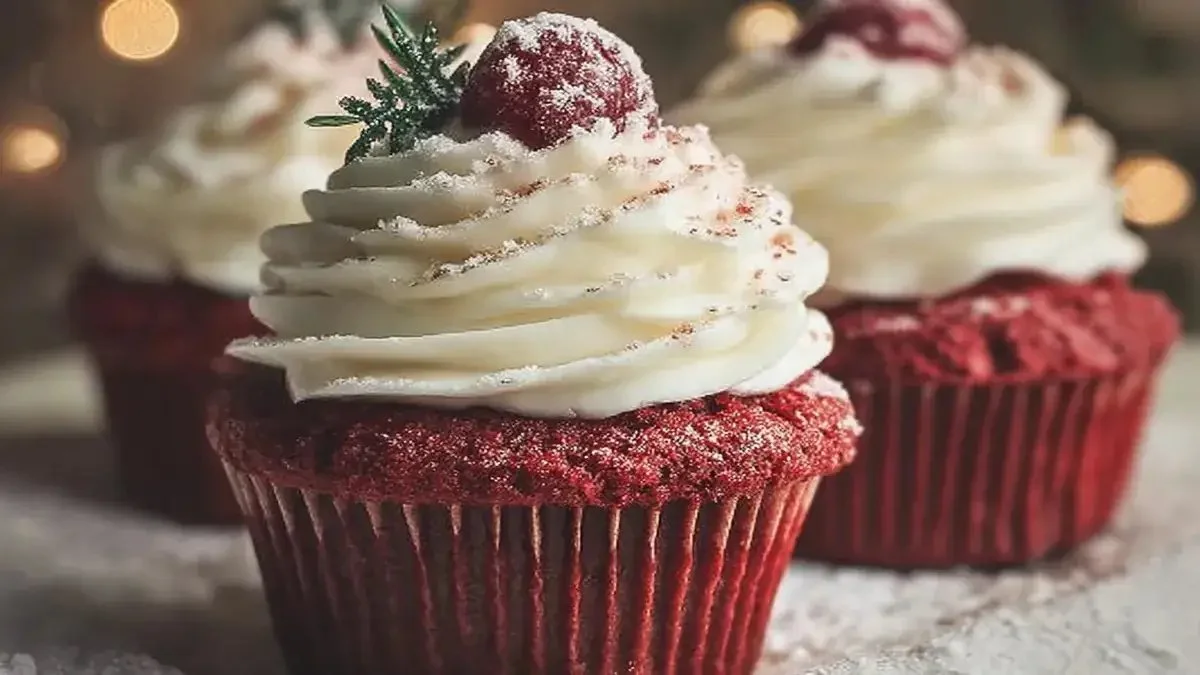 Cupcakes Red Velvet de Noël décorés avec crème et éléments festifs