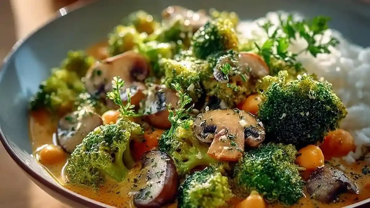 Curry végétarien au brocoli, pois chiches et champignons dans un bol coloré.