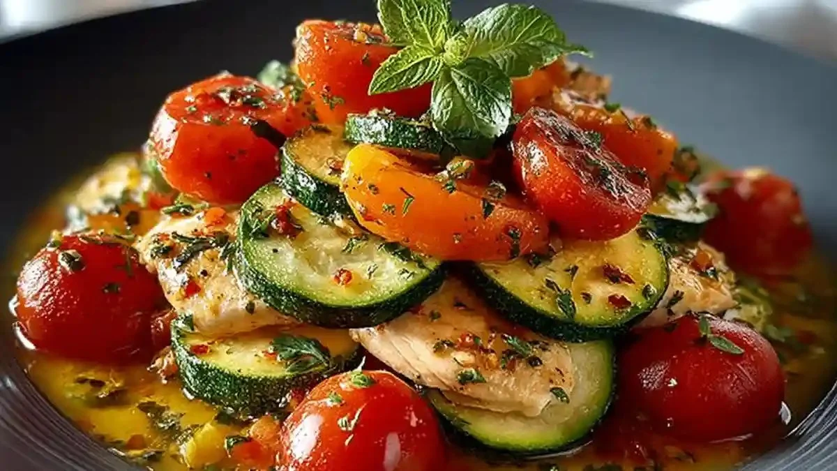 Émincé de poulet aux courgettes et tomates cerises dans un plat coloré