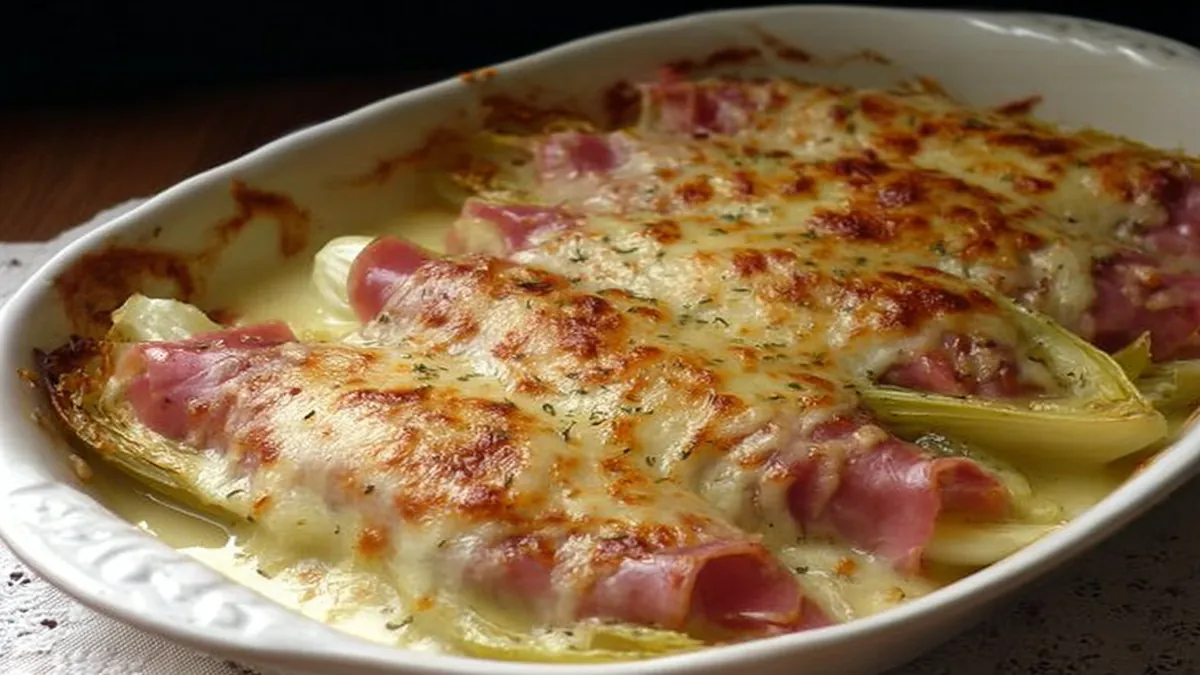 Endives braisées enroulées de jambon, gratinées au fromage doré dans un plat blanc
