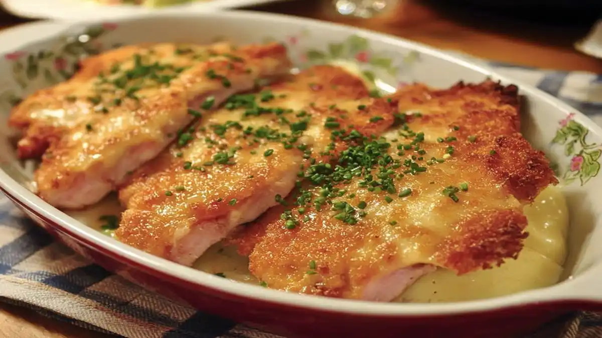 escalopes savoyardes gratinées au fromage, servies sur un lit de pommes de terre, garnies de ciboulette
