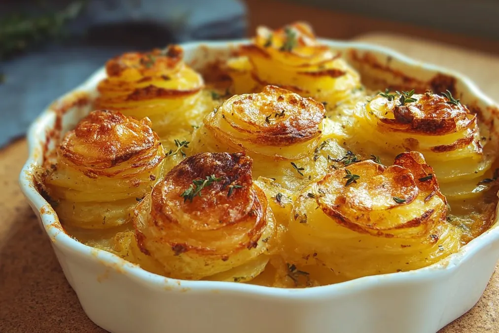 Fleurs de pommes de terre rôties au four, joliment dorées et croustillantes, garnies de brins de thym frais dans un plat blanc en céramique.