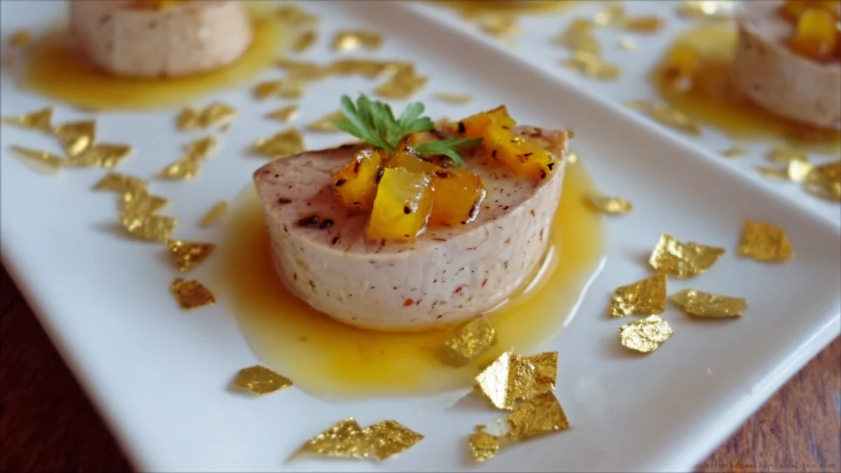 médaillon de foie gras sur assiette blanche, nappé de mangue grillée et décoré de feuilles d’or comestibles
