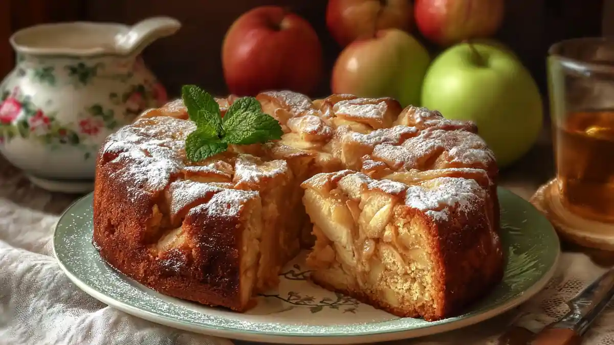 Gâteau aux pommes à la française, moelleux, décoré de sucre glace et de feuilles de menthe