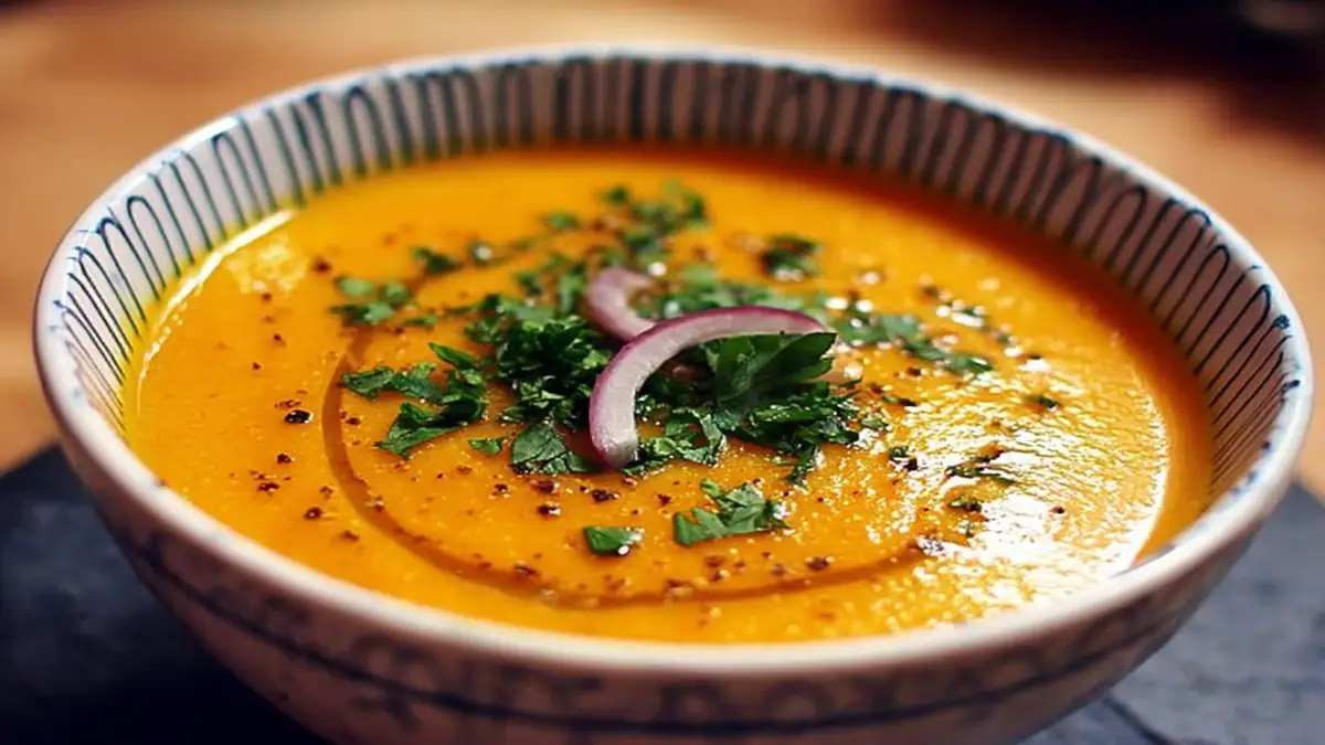 Soupe veloutée dorée garnie d’herbes fraîches, poivre noir et lamelles d’oignon rouge dans un bol céramique décoré