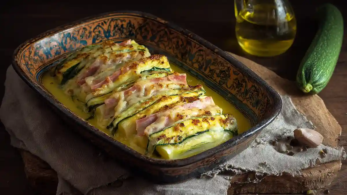 gratin de courgettes au jambon et fromage fondu dans un plat rustique