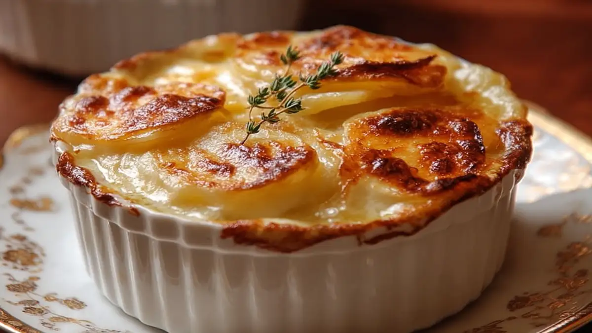 gratin dauphinois doré en portion individuelle dans une cocotte blanche, garni d’un brin de thym
