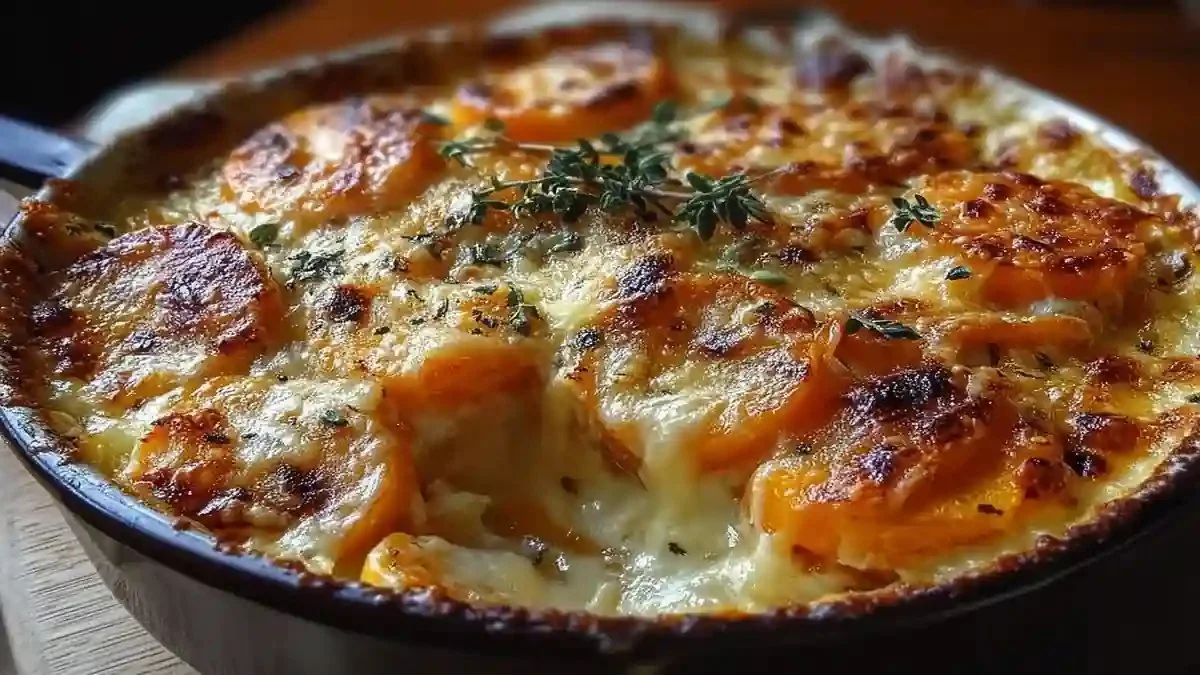 Gratin de butternut au camembert cuit au four, doré et savoureux