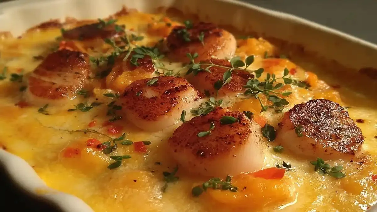 Gratin de butternut aux noix de Saint-Jacques, un plat savoureux et réconfortant.