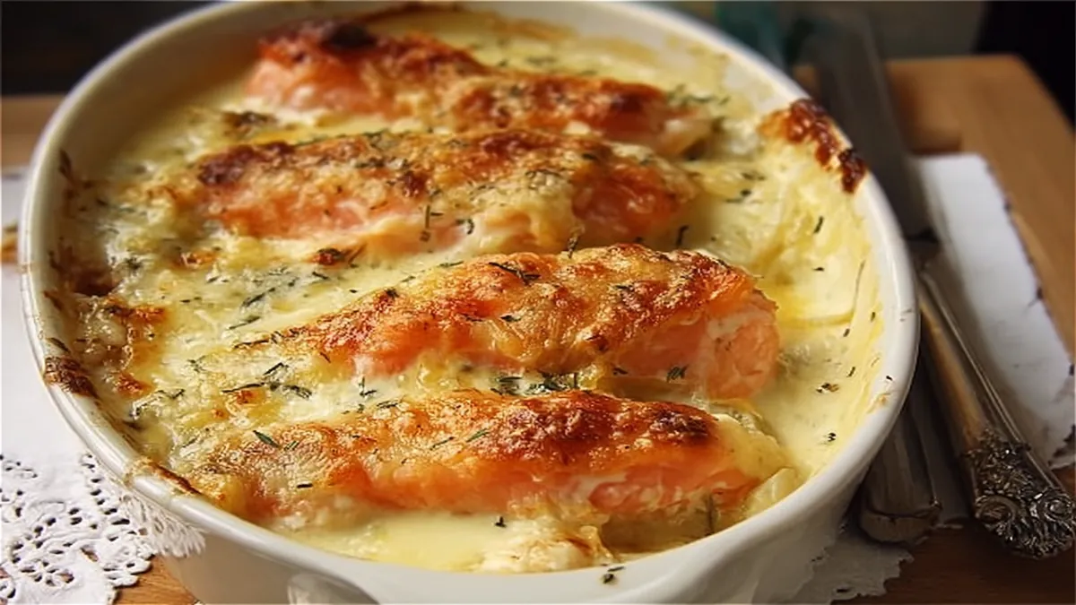 Filets de saumon gratinés avec pommes de terre à la crème dans un plat en céramique blanc