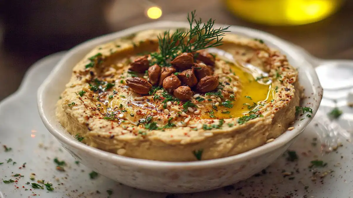 Houmous crémeux garni de pois chiches rôtis, d'huile d'olive et d'herbes fraîches