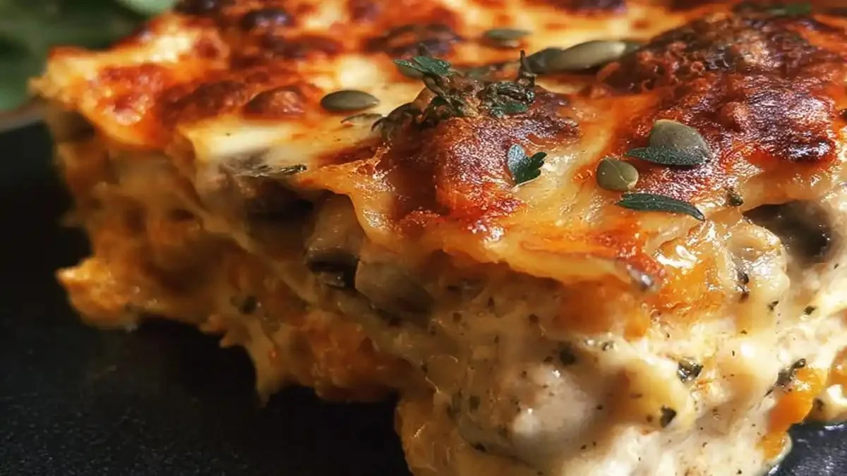 Lasagnes à la butternut et aux champignons, plat végétarien savoureux.