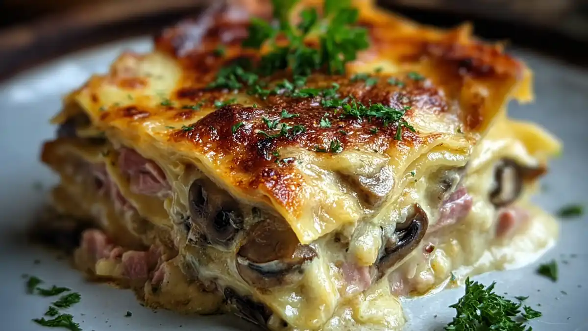part de lasagnes blanches gratinées au jambon, champignons et béchamel crémeuse, garnie de persil frais