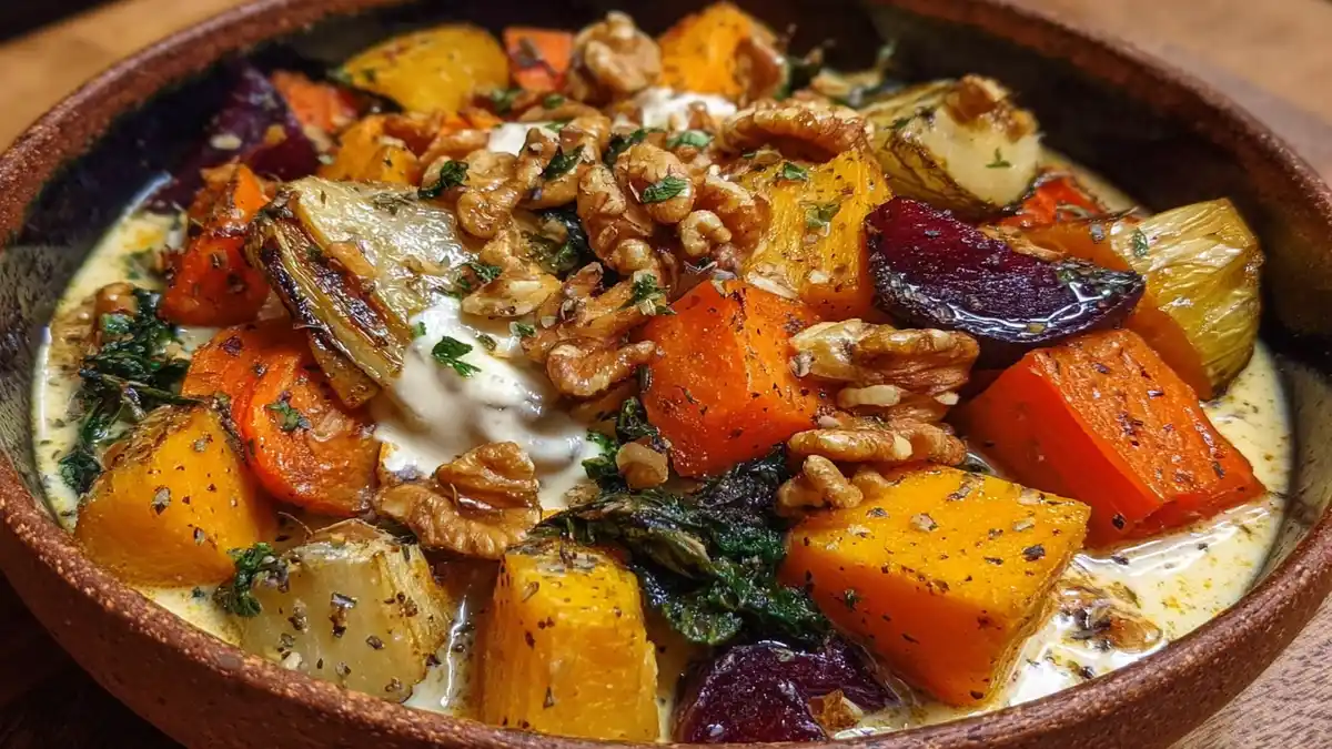 bol de légumes racines rôtis colorés avec sauce crémeuse et noix concassées