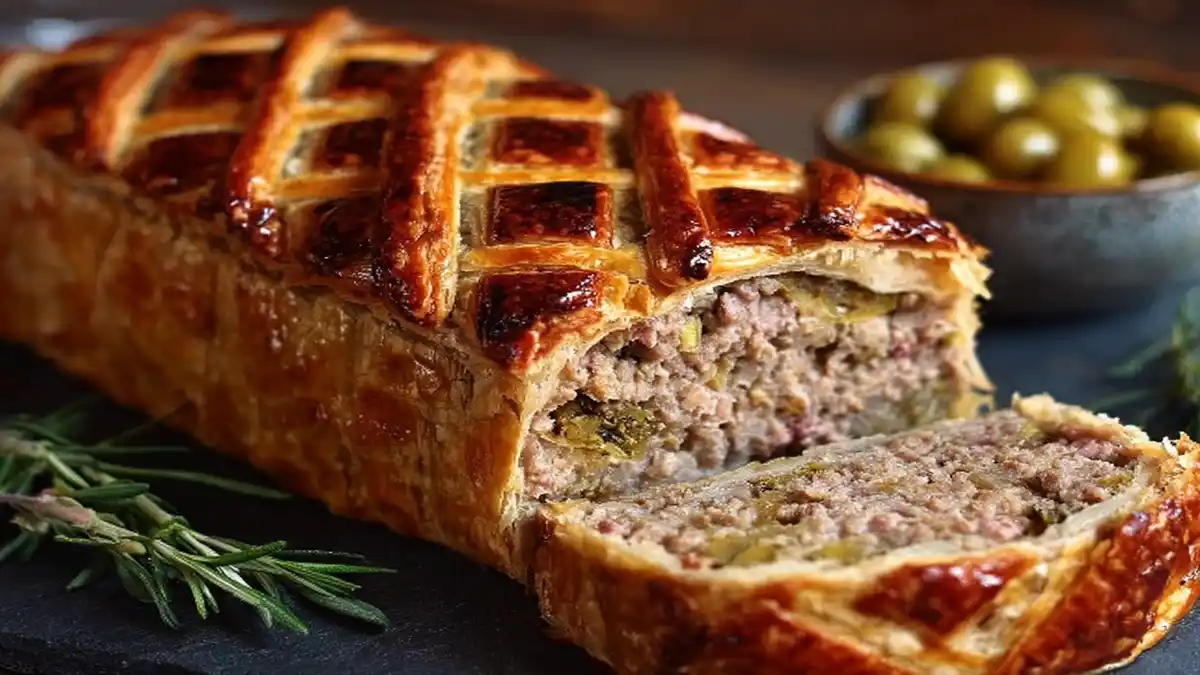 pâté en croûte doré farci de viande hachée et légumes, servi avec olives vertes