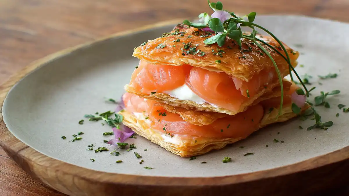 Mille-feuille de saumon fumé avec fromage frais et pâte feuilletée croustillante