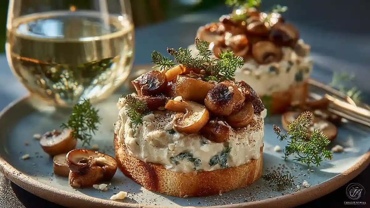 toast garni de crème au fromage bleu et champignons poêlés, servi avec vin blanc