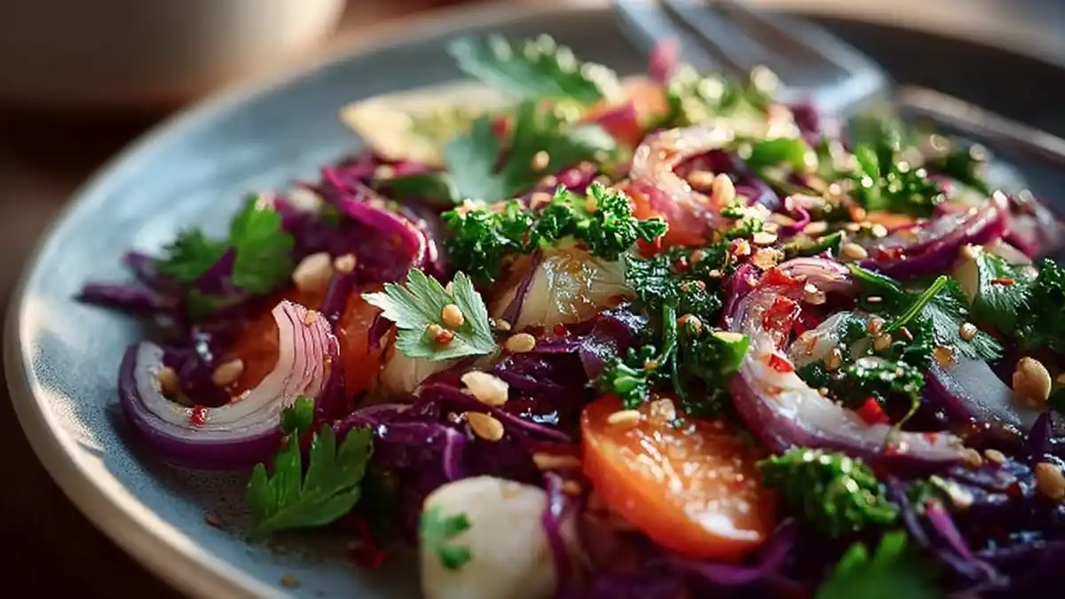 salade colorée de légumes grillés avec chou rouge, persil, oignon, tomates et graines de sésame