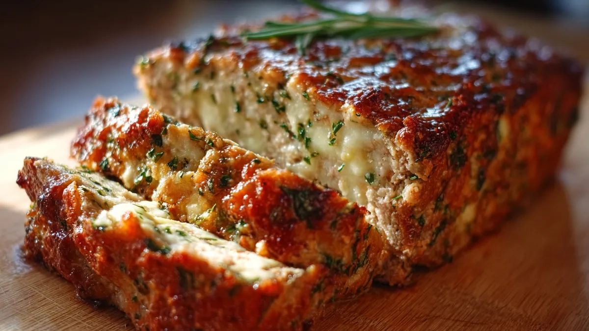 Pain de viande poulet ail parmesan bien doré et appétissant sur une assiette