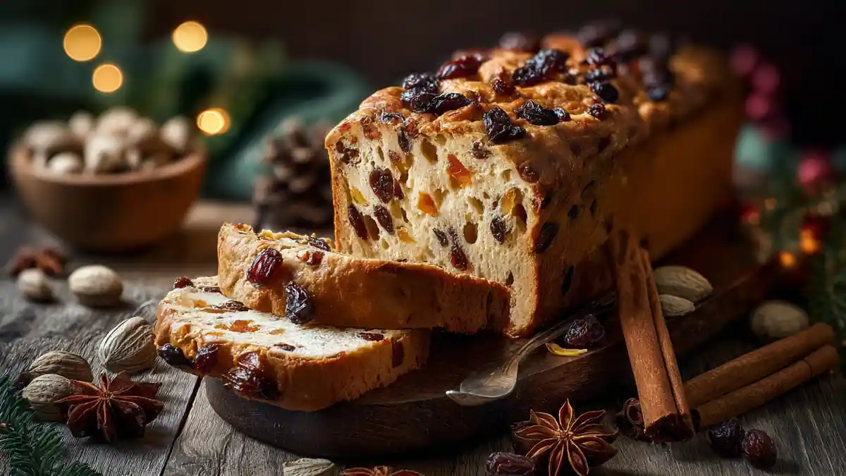 panettone ou brioche aux fruits confits et raisins secs tranchée sur une planche en bois avec épices de Noël