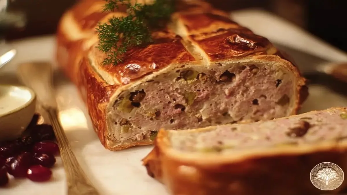 Pâté en Croûte de Noël savoureux avec une croûte dorée et garniture festive.