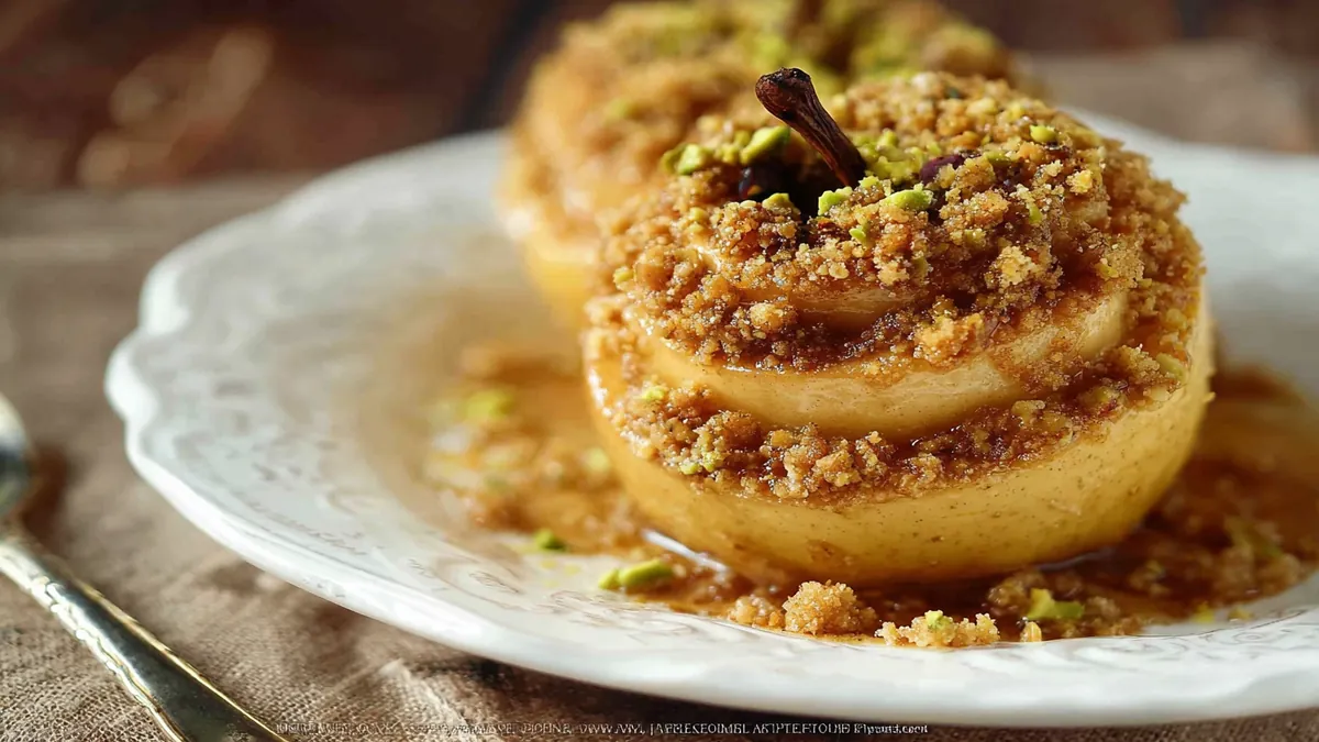Pommes cuites garnies de crumble croustillant et éclats de pistache sur une assiette blanche