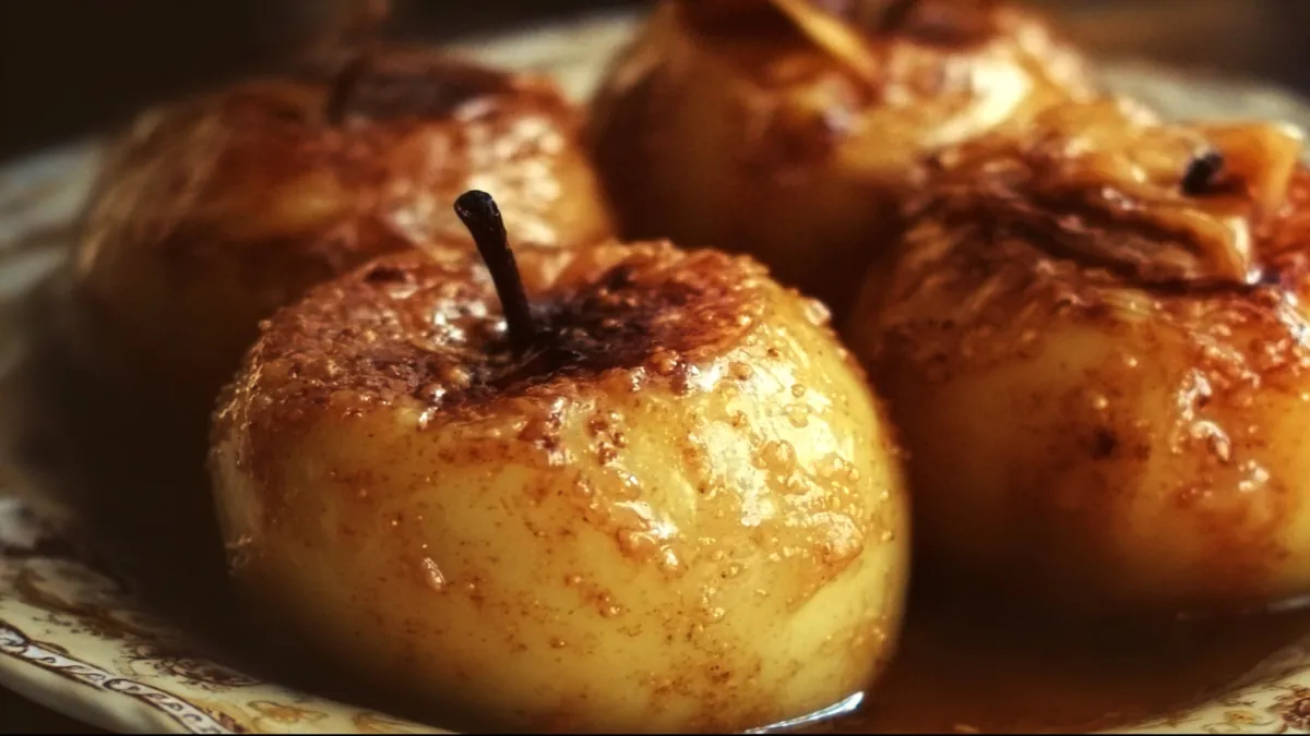 Pommes entières rôties, nappées de cannelle et sucre caramélisé dans une assiette décorée
